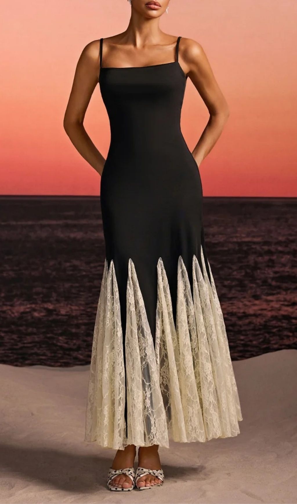 Farsel Elegant Spaghetti Strap Black & Lace Flared Maxi Dress - Evening & Occasions