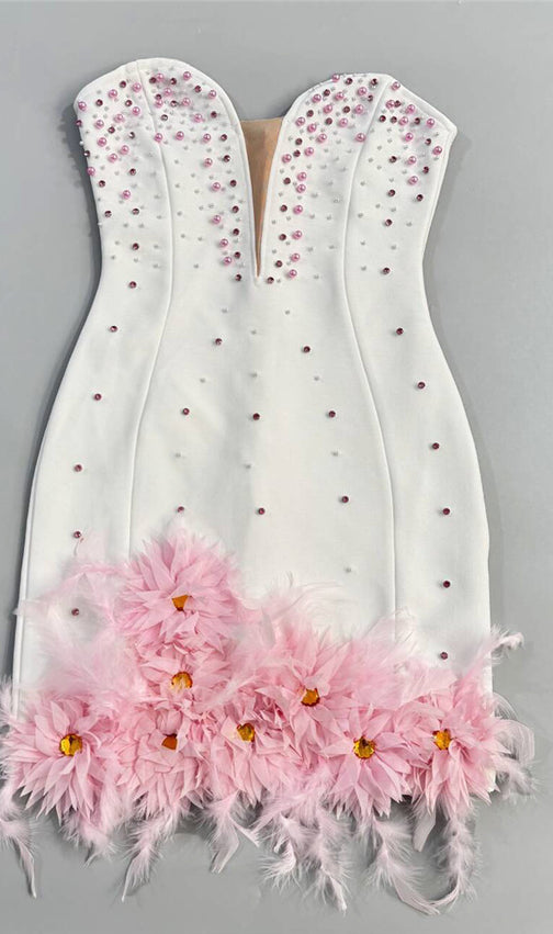 Hita Pink Strapless Beaded Floral Bandage Mini Dress - Party Glam