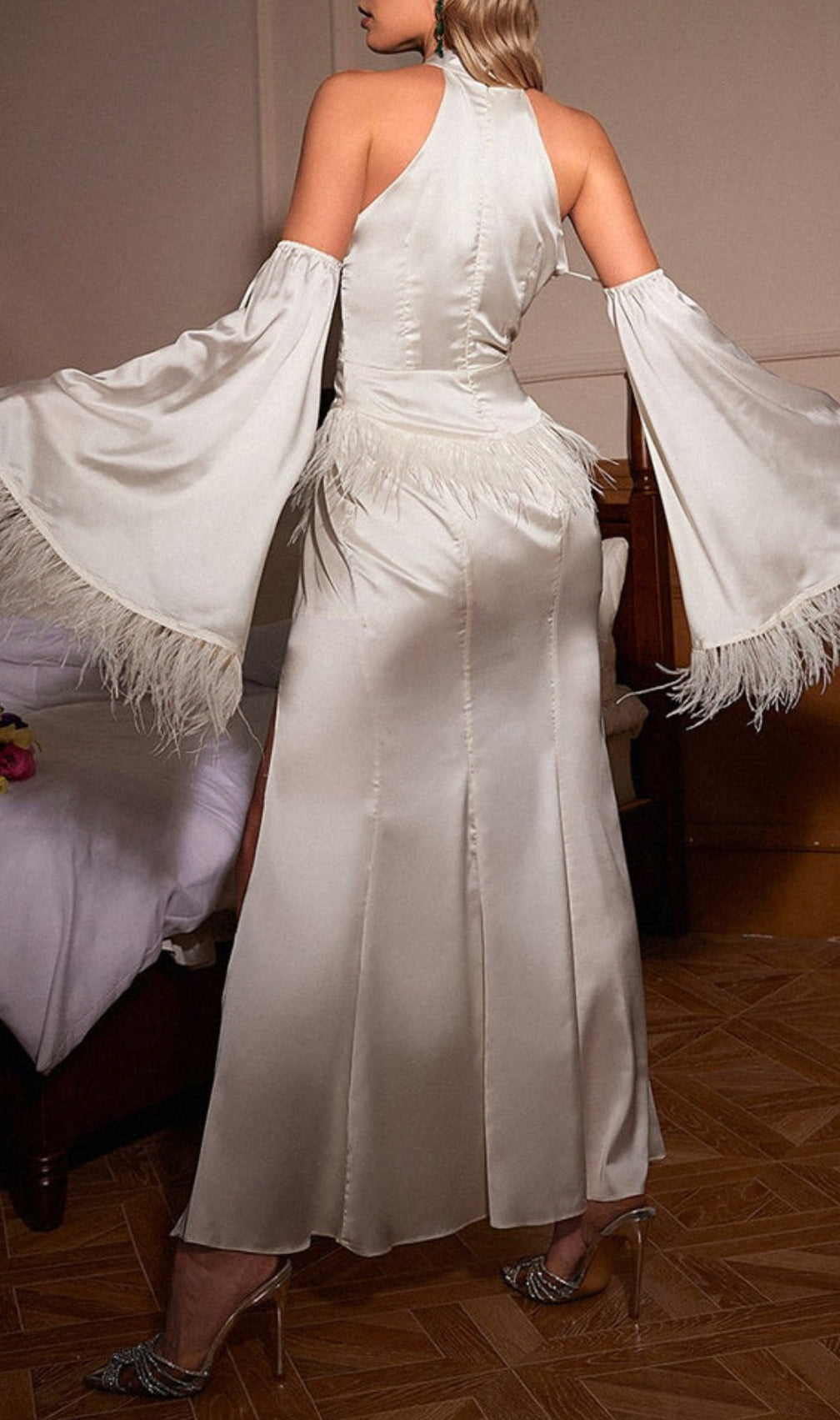 Astra Halterneck Feather Satin Dress