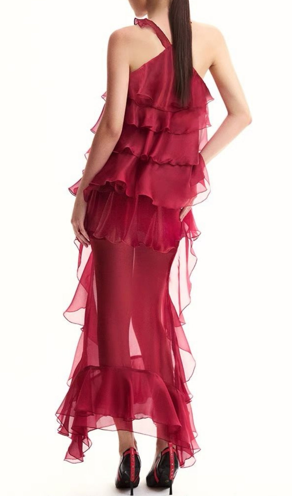 Eleri Red Flower Ruffle Maxi Dress