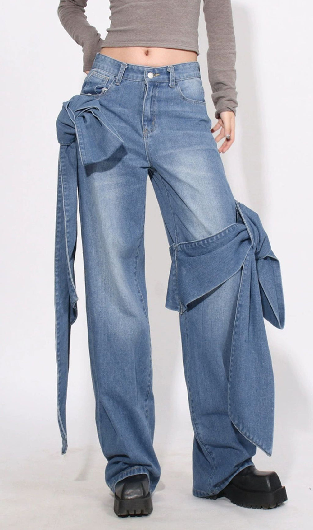 Whimsical Bow Knot Wide Leg Denim Jeans | Hussain Blue for Women