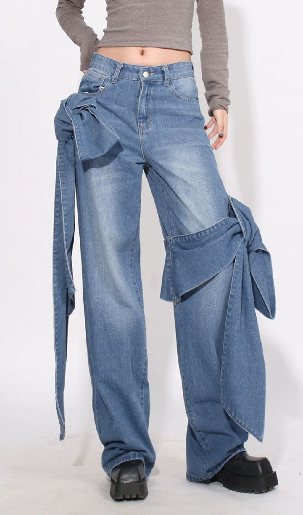 Whimsical Bow Knot Wide Leg Denim Jeans | Hussain Blue for Women