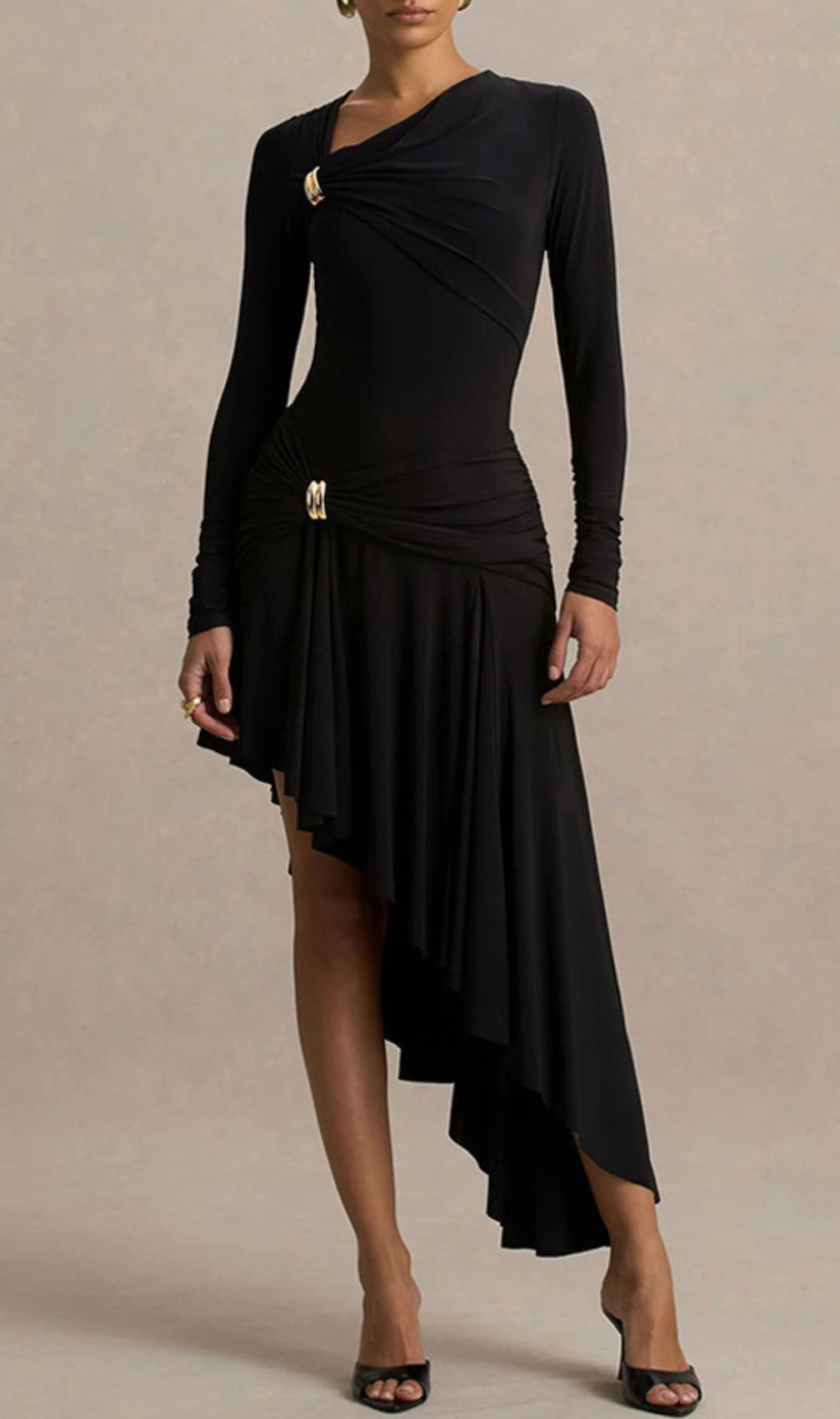 Nedelya Chic Black Asymmetrical Draped Midi Dress - Long Sleeve & Gold Accents