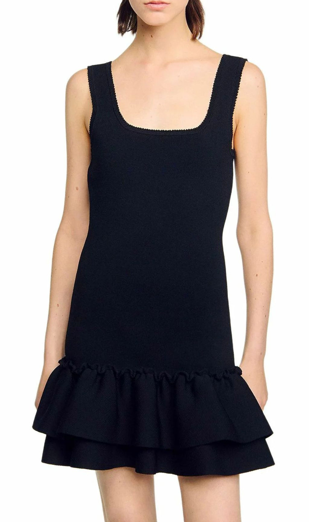 Modern Chic: Black Square Neck Ruffled Knit Mini Dress for Women