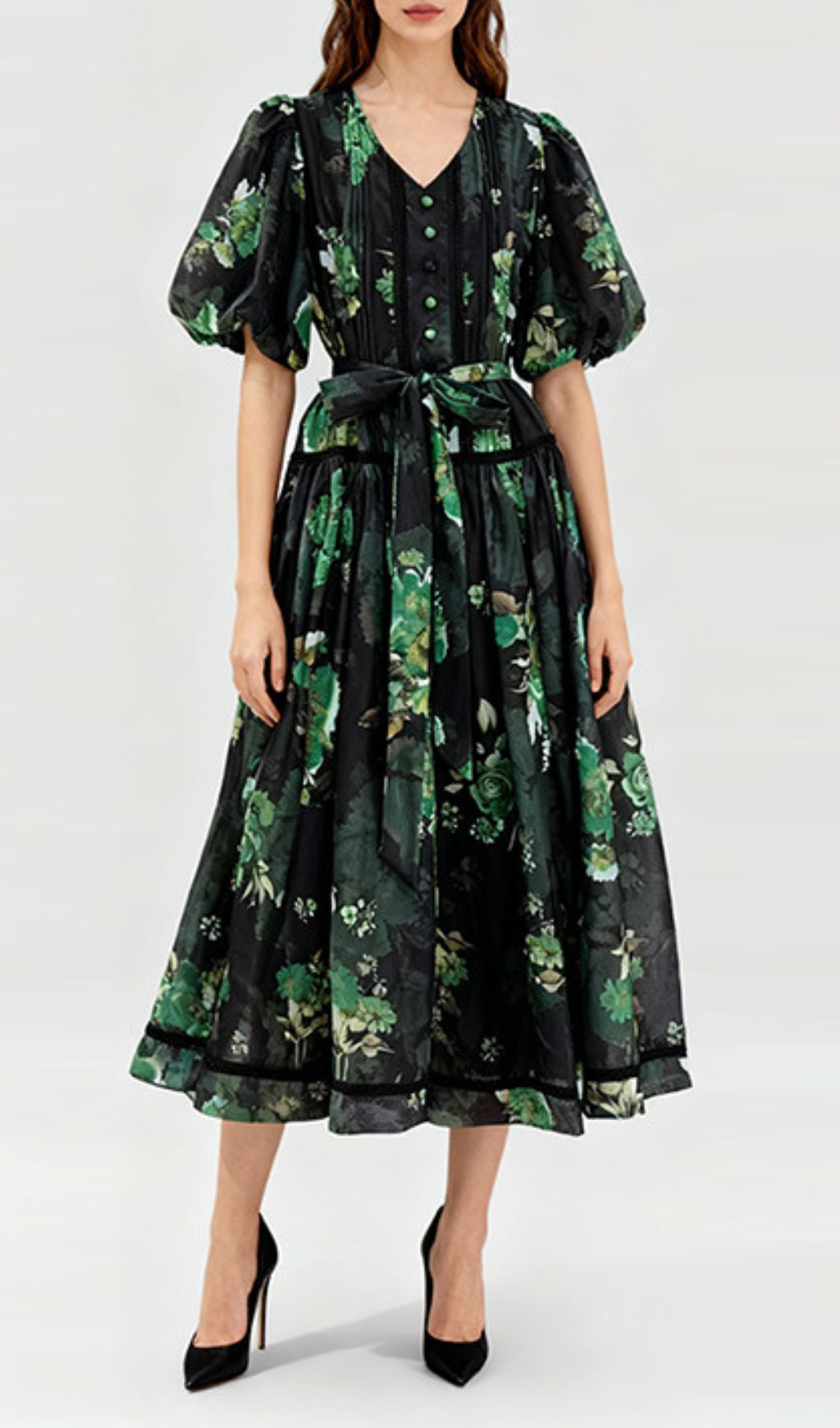 Indah Vibrant Floral Puff-Sleeve Midi Dress – Green & Black Print