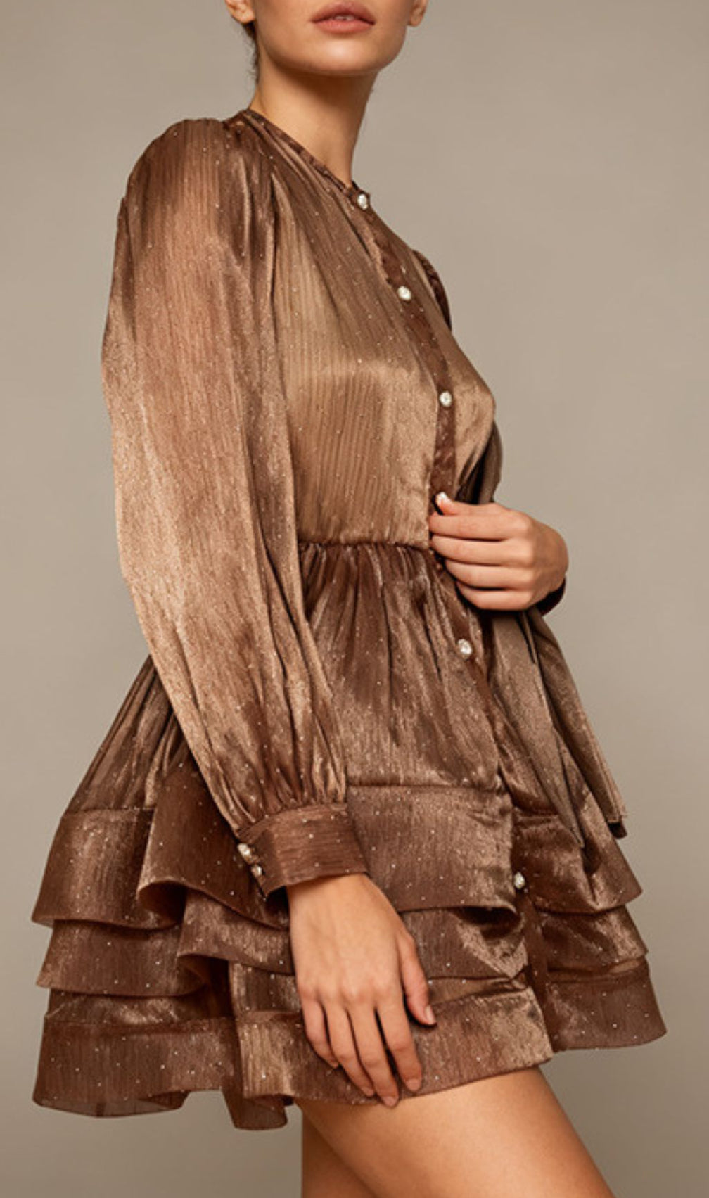 Jezebel Shimmer Tiered Mini Dress with Puff Sleeves