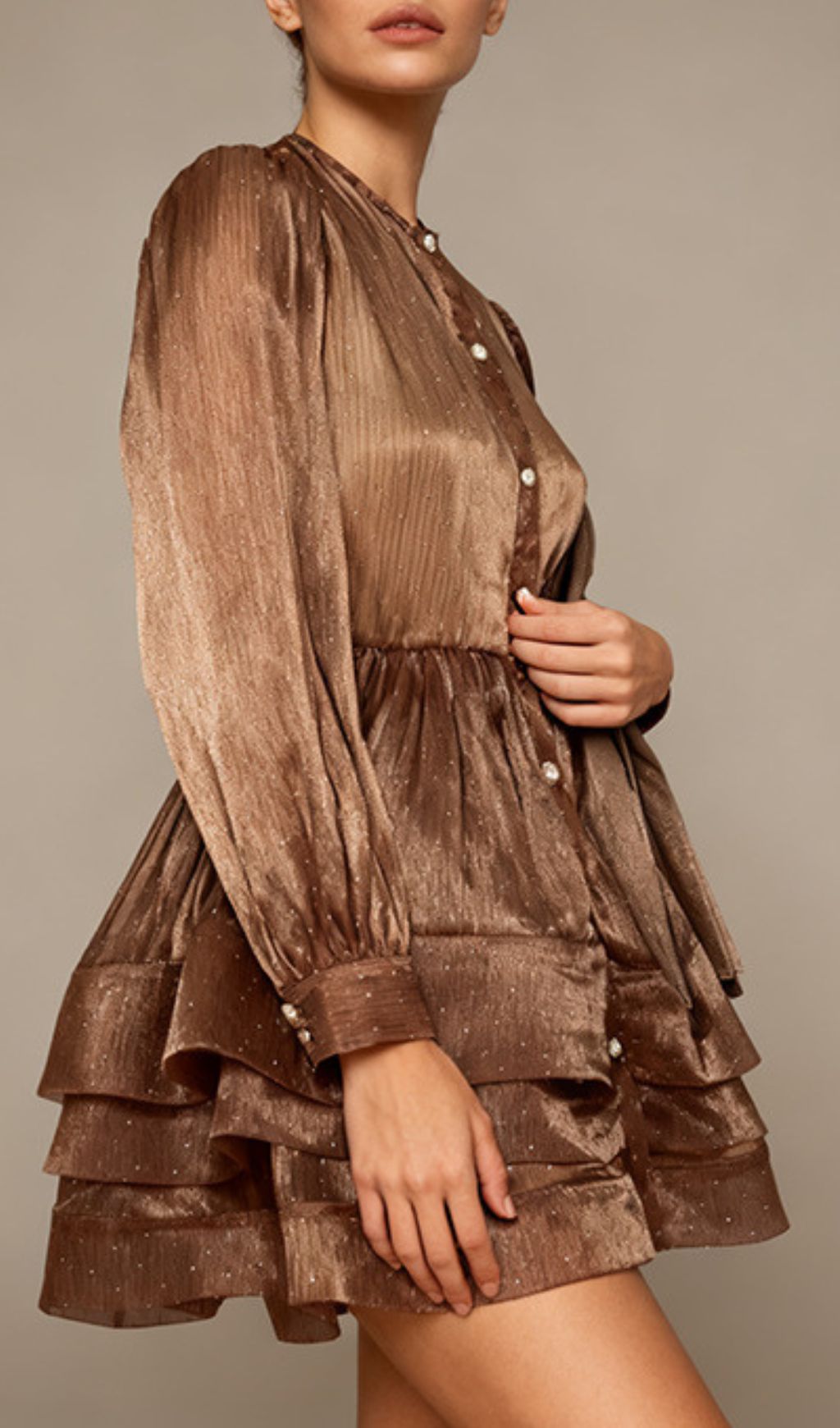 Jezebel Shimmer Tiered Mini Dress with Puff Sleeves