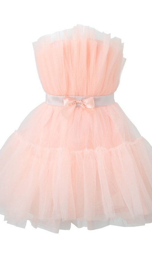 Dreamy Blush Pink Tulle Strapless Mini Dress | Bow Waist Party & Cocktail Dress
