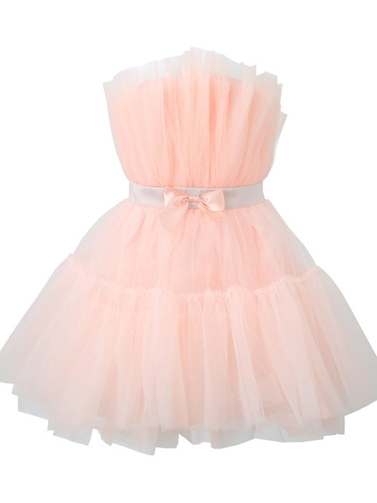 Dreamy Blush Pink Tulle Strapless Mini Dress | Bow Waist Party & Cocktail Dress