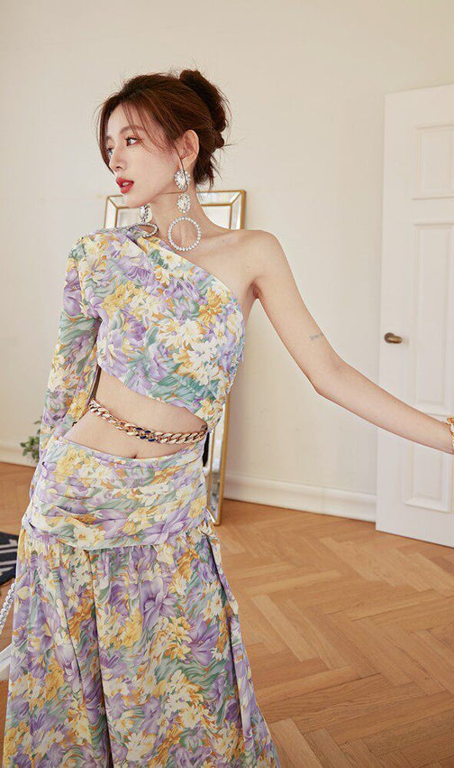 Dolores French Floral One-Shoulder Cutout Maxi Dress with High Slit – Elegant Summer Style