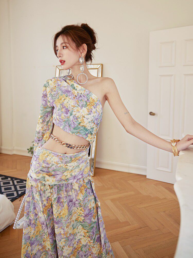 Dolores French Floral One-Shoulder Cutout Maxi Dress with High Slit – Elegant Summer Style