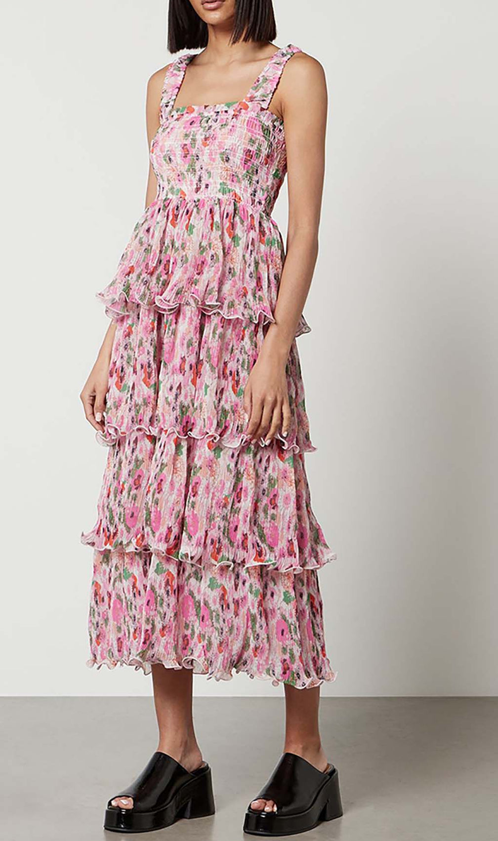 Floral-Appliqué Tiered Midi Dress In Pink