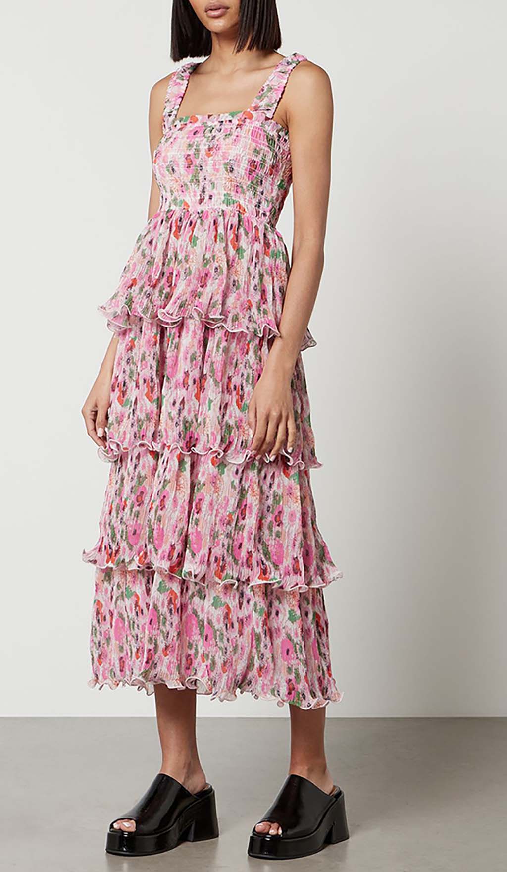 Floral-Appliqué Tiered Midi Dress In Pink