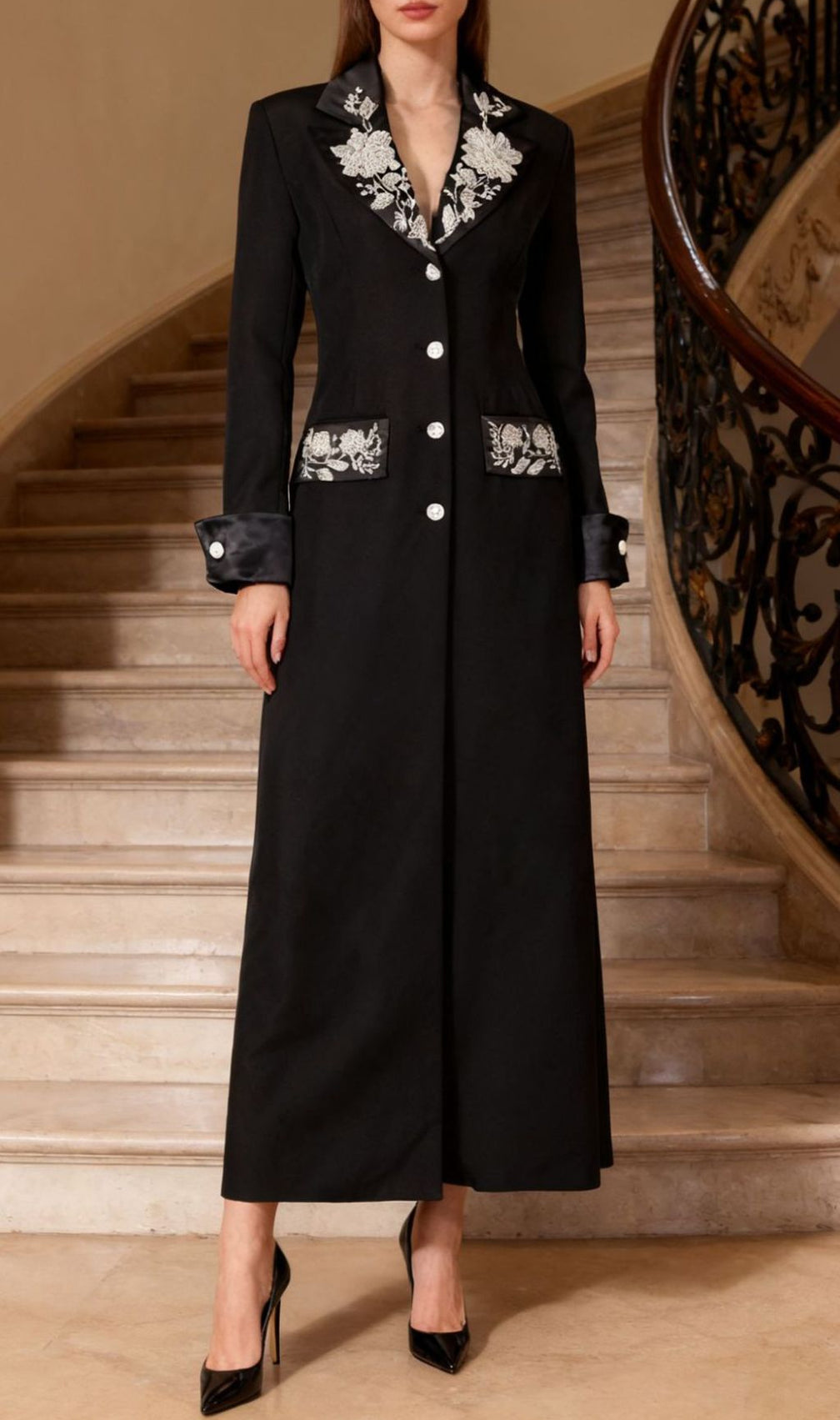 Ilonka Black Floral Beaded Maxi Dress - Elegant Long Sleeve Formal Gown