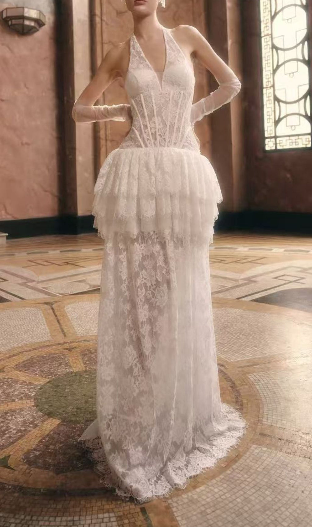 Kaylie Romantic Halter Lace Maxi Dress | Ethereal Tiered Gown with Corset Bodice