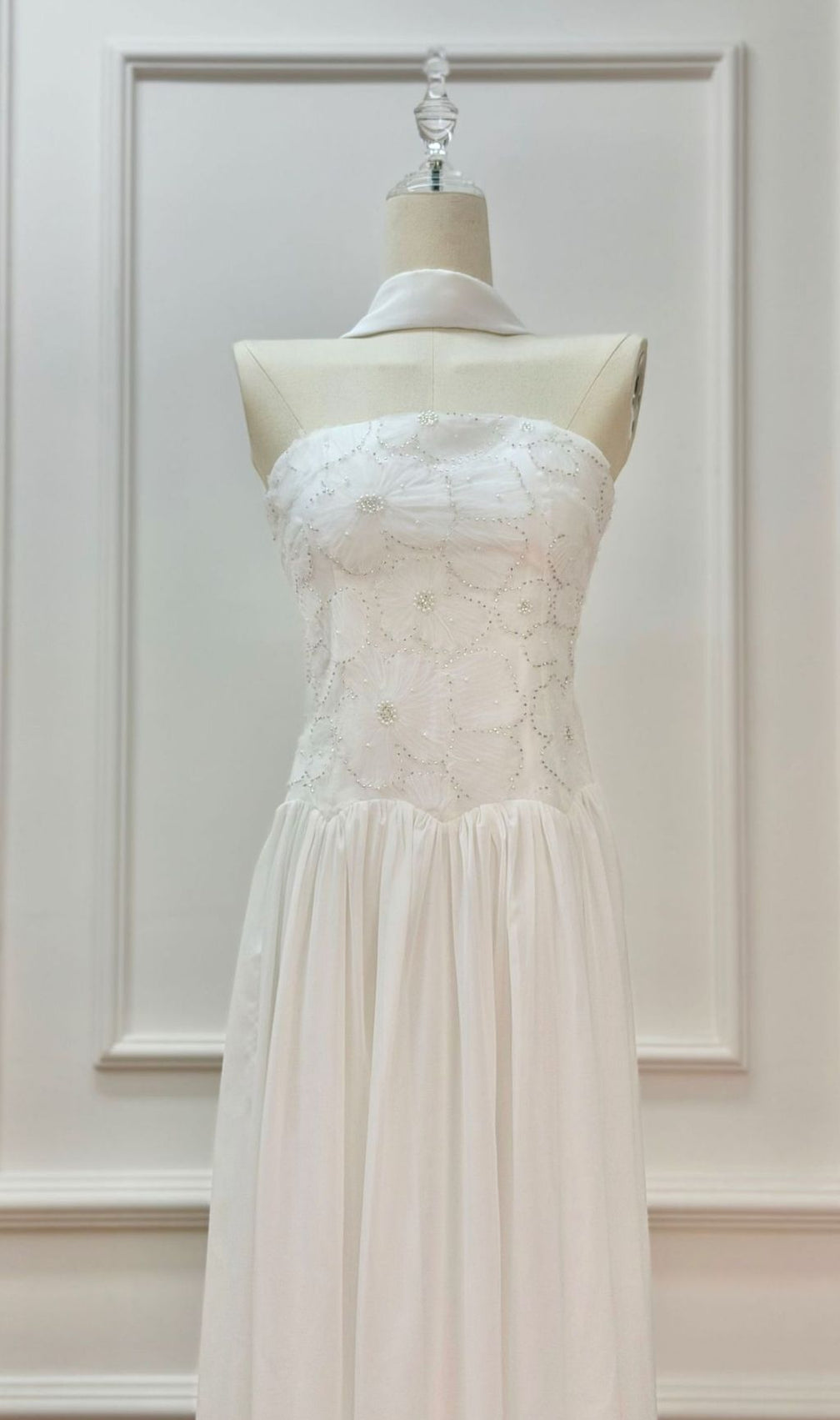 Kenley Ethereal White Floral Appliqué Strapless Maxi Gown with Flowing Cape