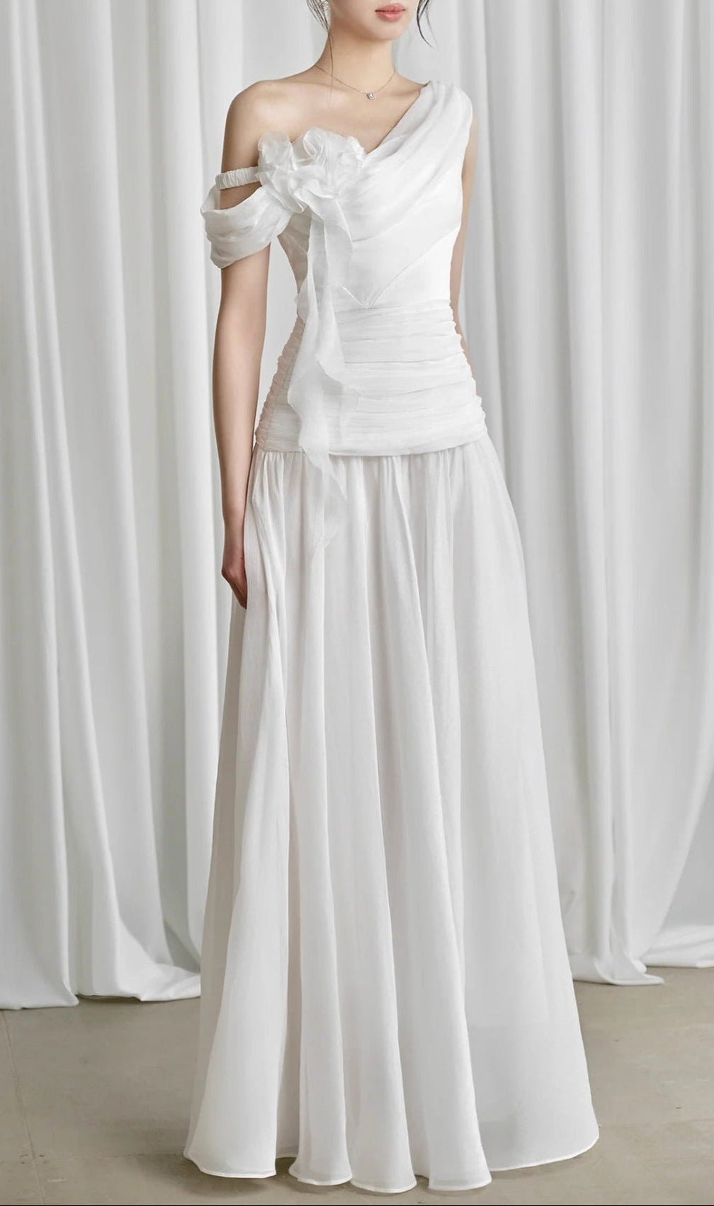 One-Shoulder 3D Flower Ruched Maxi Dress