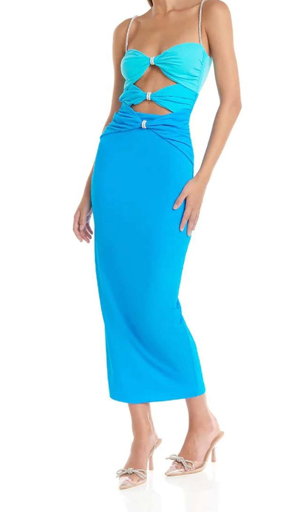 Cutout Rhinestone Midi Dress In Blue