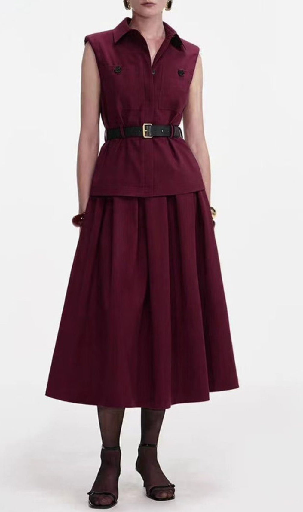 Iliana Elegant Burgundy Sleeveless Belted Skirt Set - Chic 2-Piece Outfit for Women