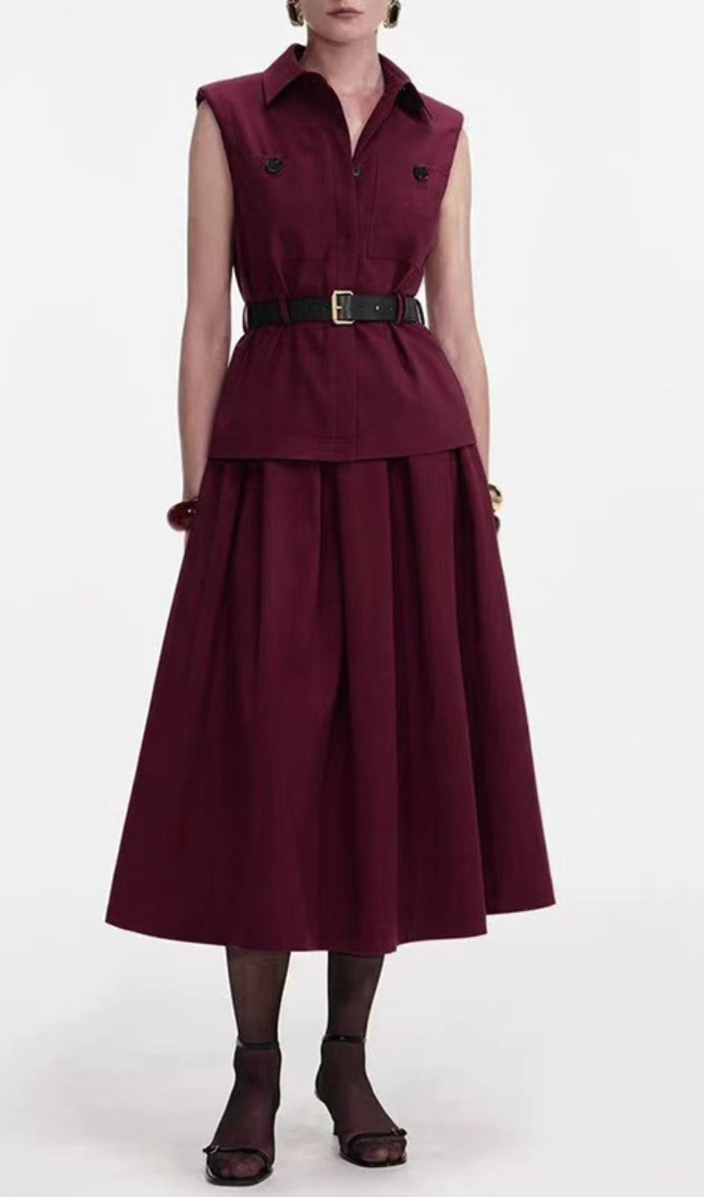 Iliana Elegant Burgundy Sleeveless Belted Skirt Set - Chic 2-Piece Outfit for Women