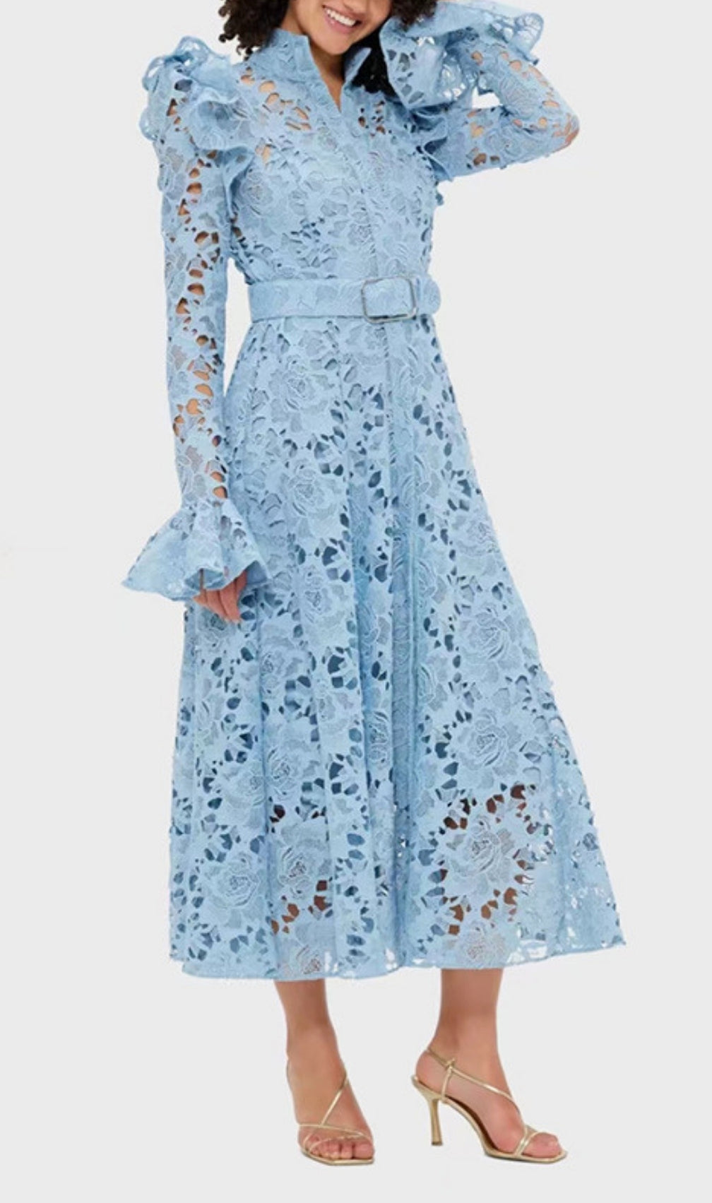 Elea Blue Embroidery Long Sleeve Midi Dress