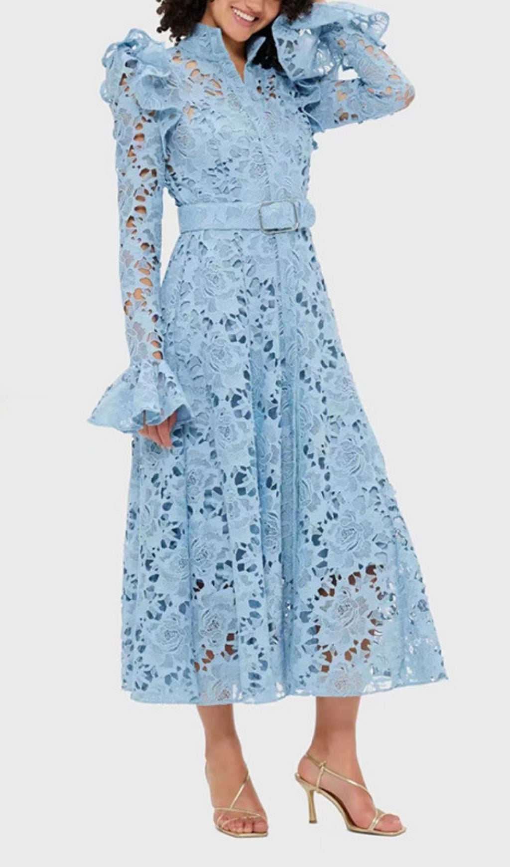 Elea Blue Embroidery Long Sleeve Midi Dress