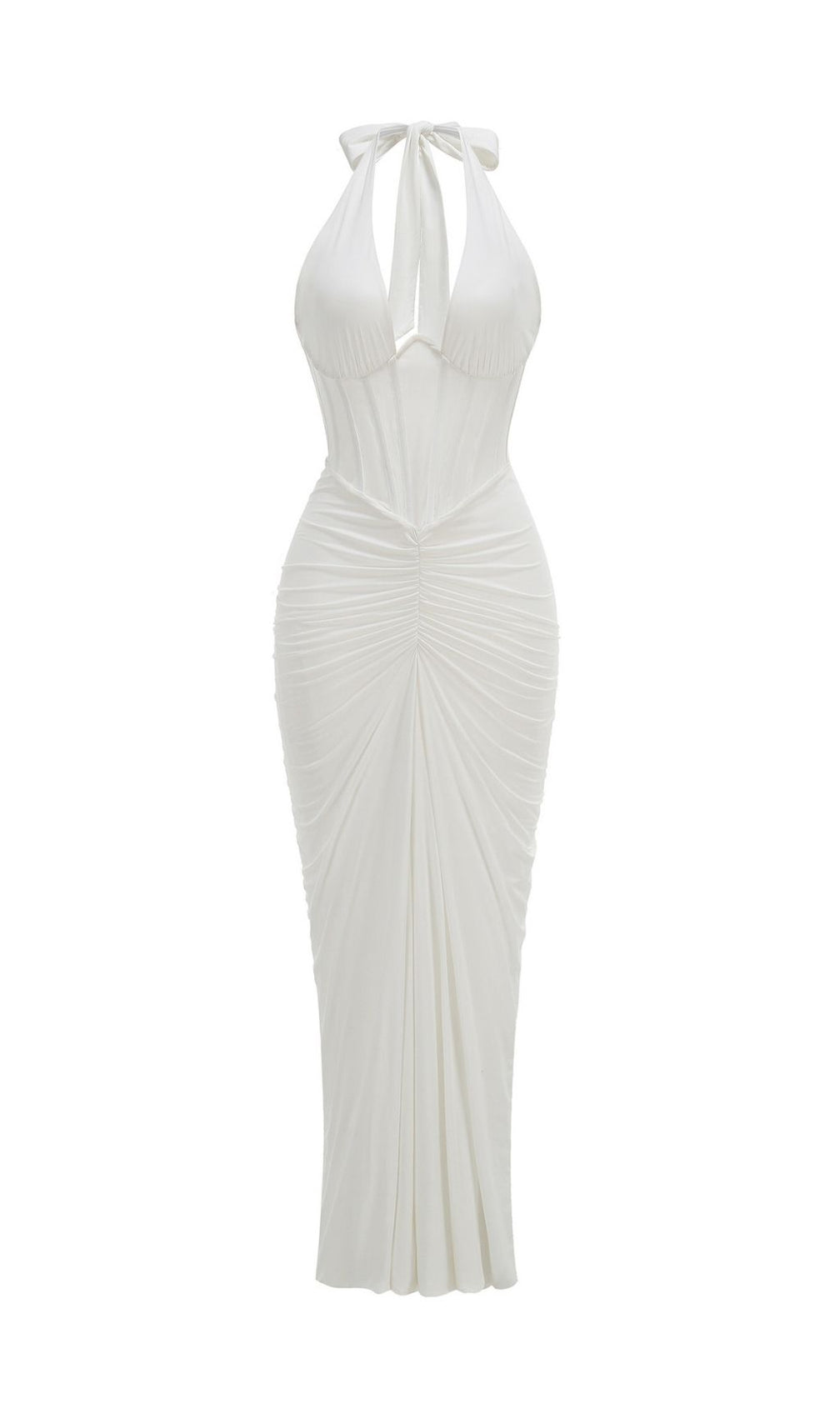 Kezia Elegant White Halter Corset Ruched Maxi Dress - Bridal & Special Occasions