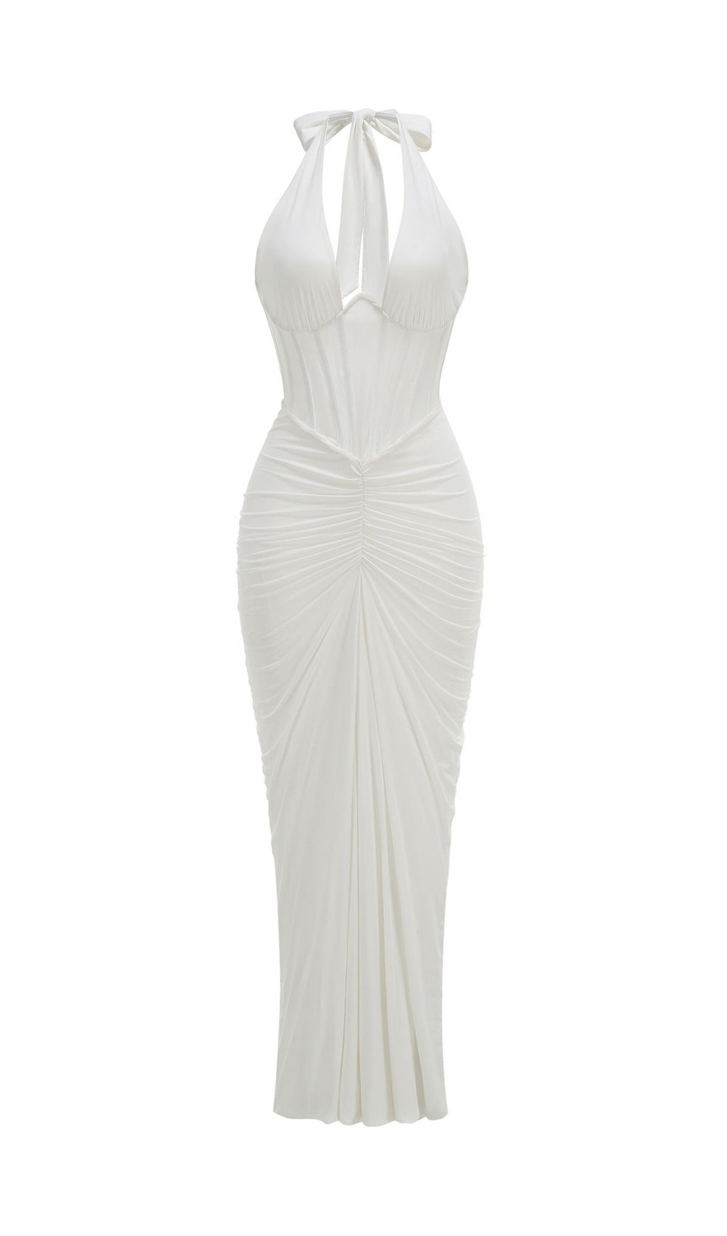 Kezia Elegant White Halter Corset Ruched Maxi Dress - Bridal & Special Occasions