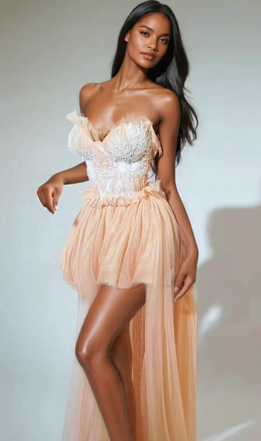 Kalene Strapless Ruffle Tulle Dress In Apricot