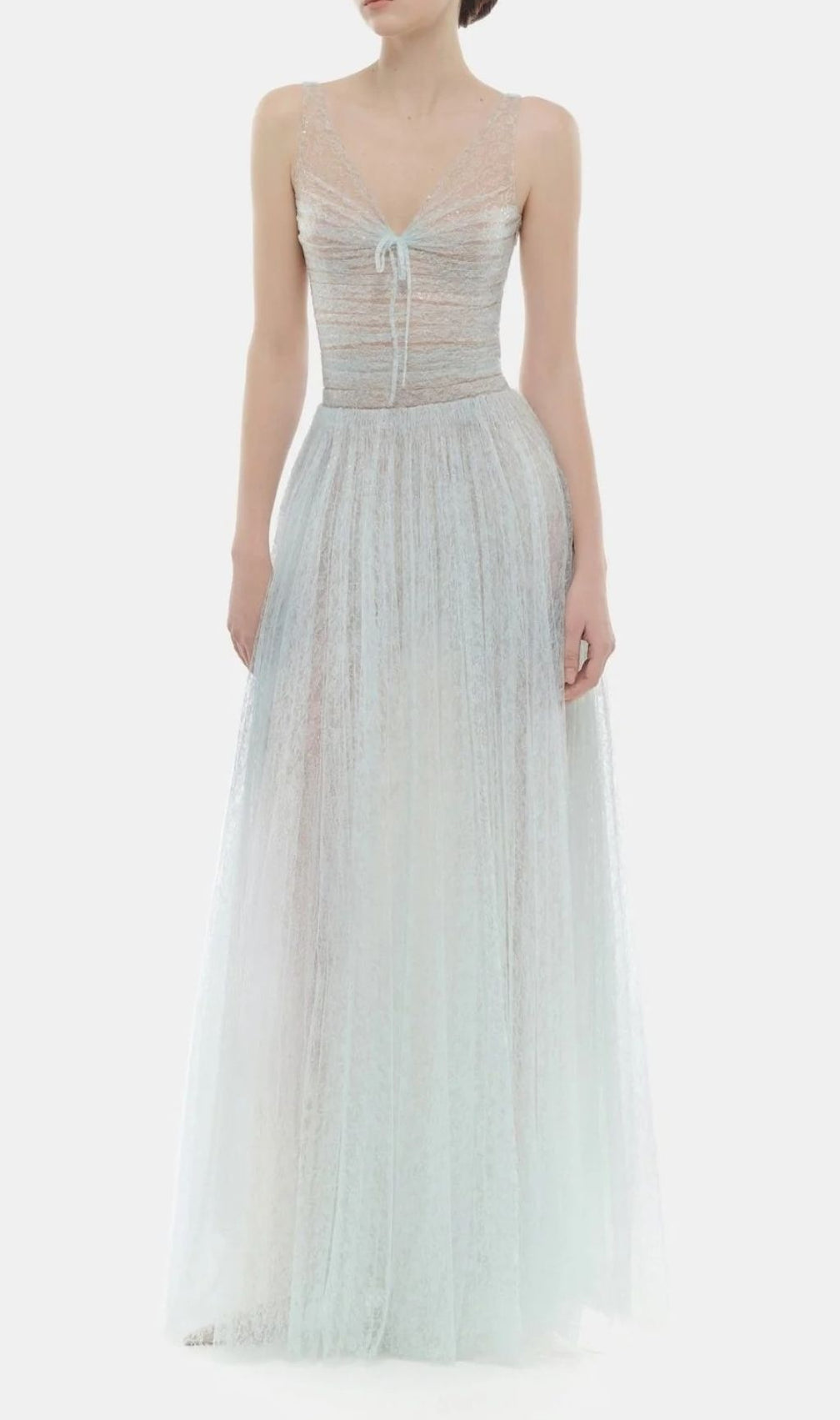 Josie Ethereal Light Blue Mesh Maxi Dress | Elegant V-Neck Formal Gown