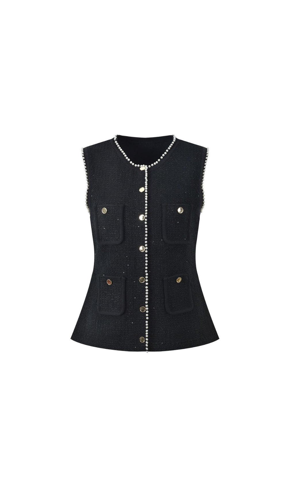 Chic Black Sparkle Tweed Sleeveless Vest Top with Pearl Buttons
