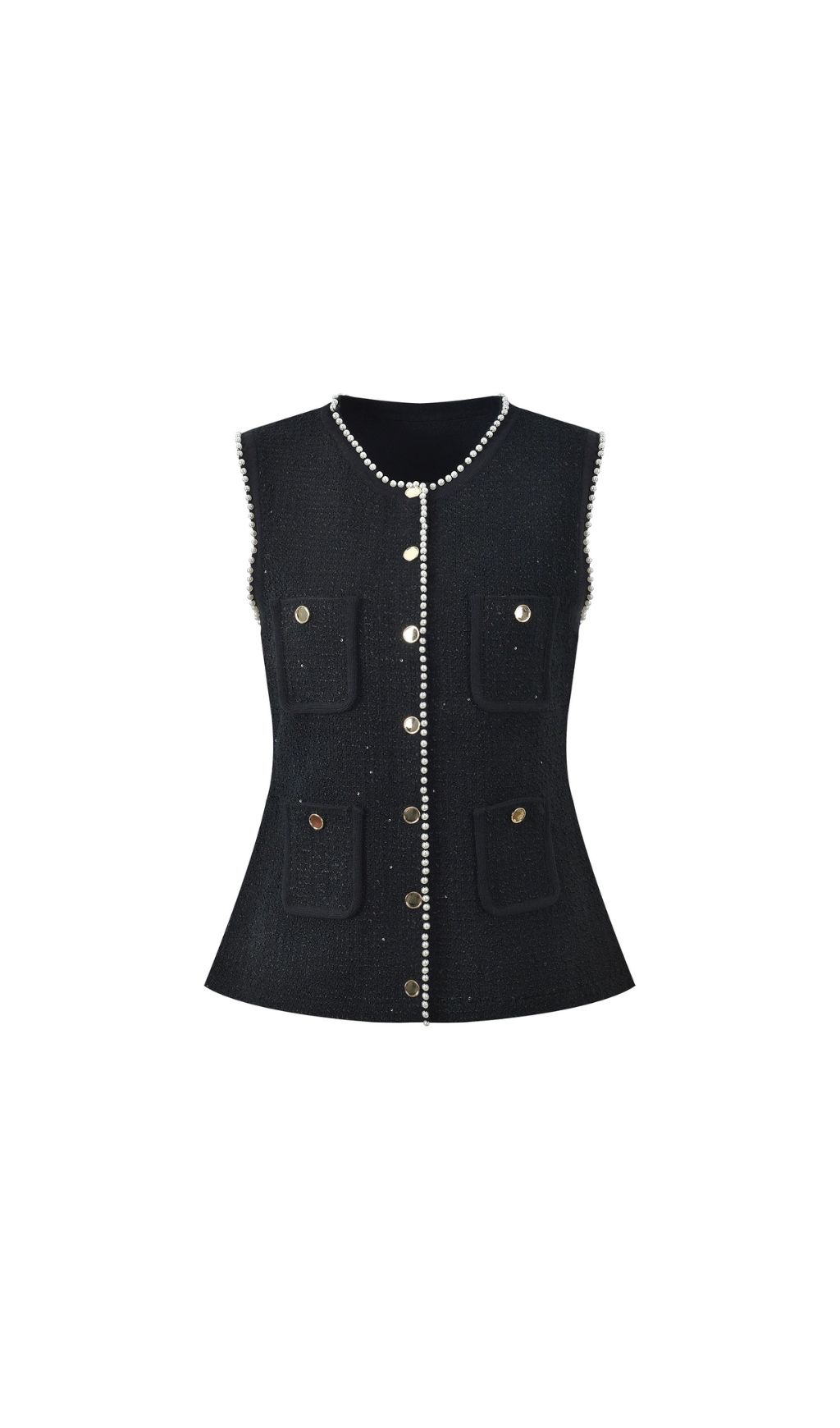 Chic Black Sparkle Tweed Sleeveless Vest Top with Pearl Buttons