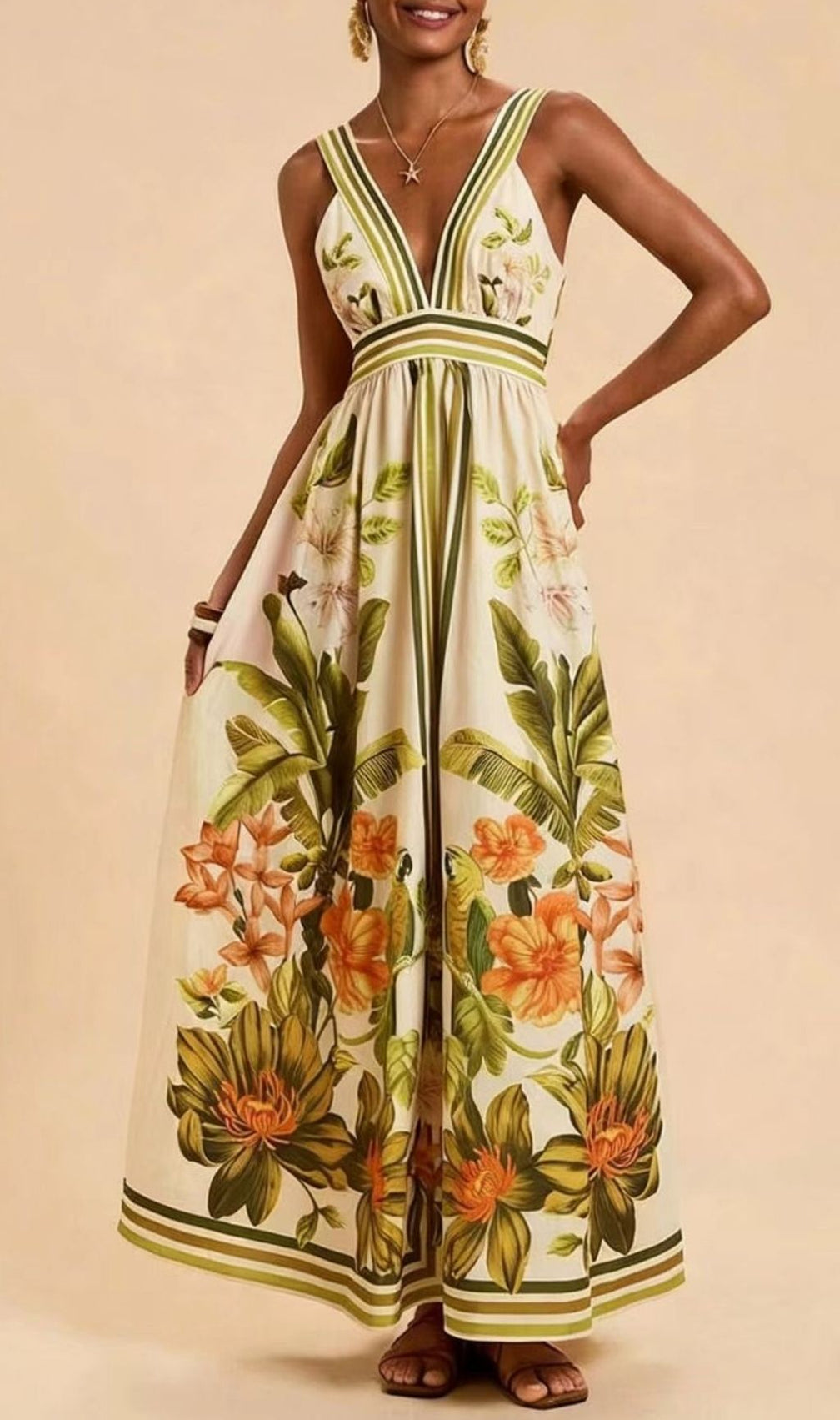Laibah V-Neck Flower Printed Maxi Dress