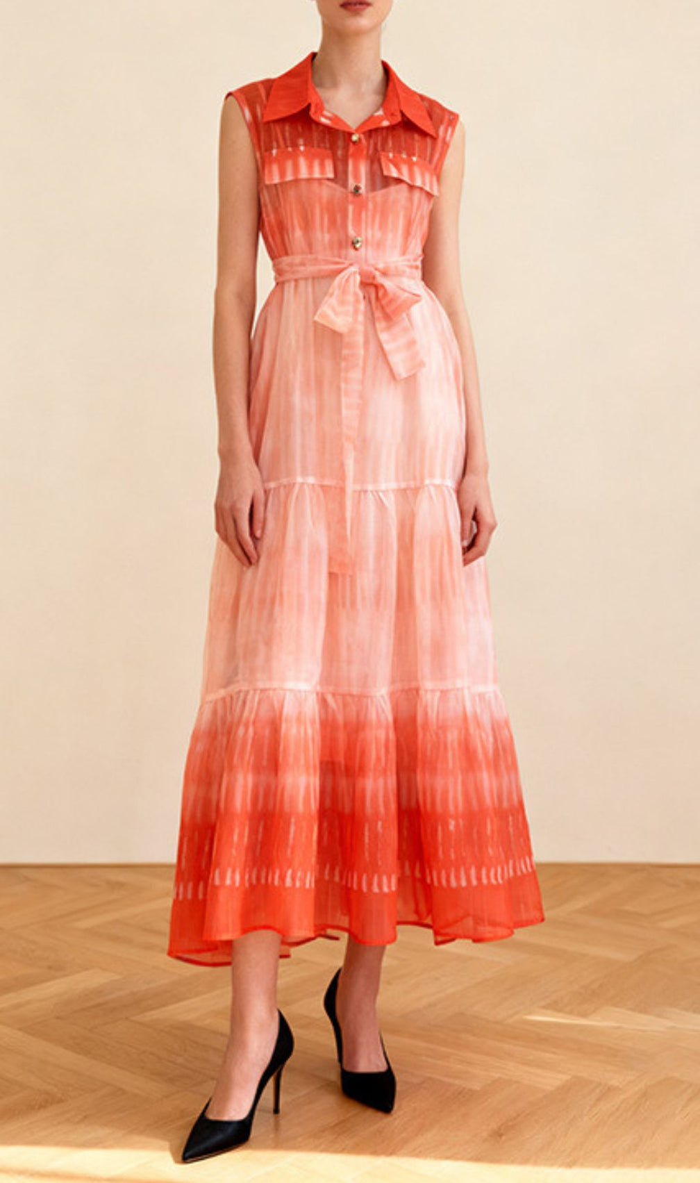 Isi Ombre Tie-Dye Sleeveless Midi Dress - Flowy Tiered Shirtdress