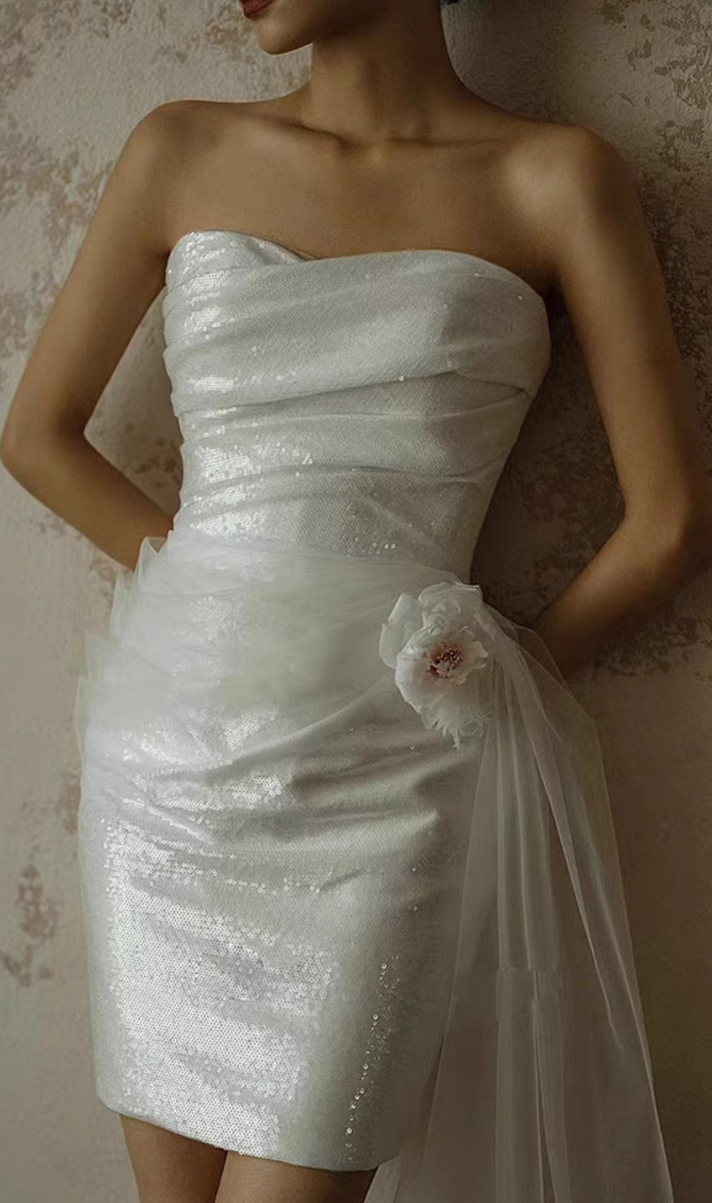 Colissa Strapless Flower Mesh Mini Dress