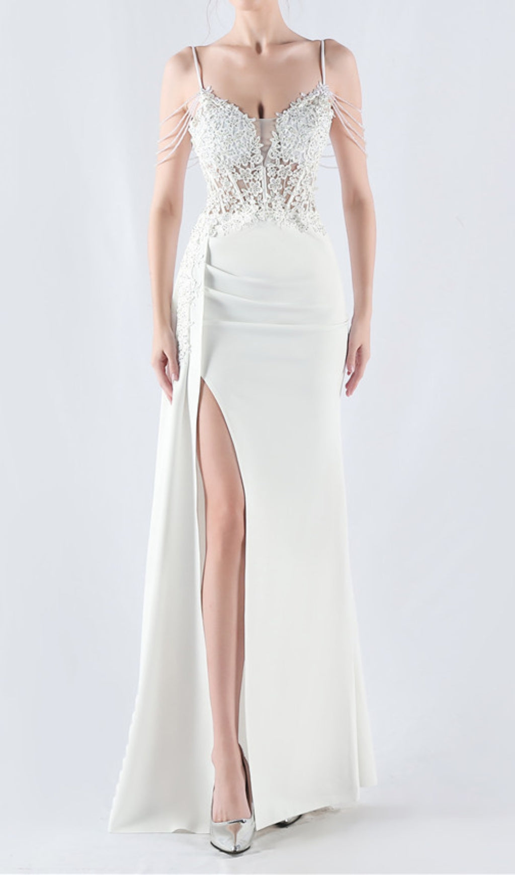 Chofa White Flower Bead Corset Maxi Dress