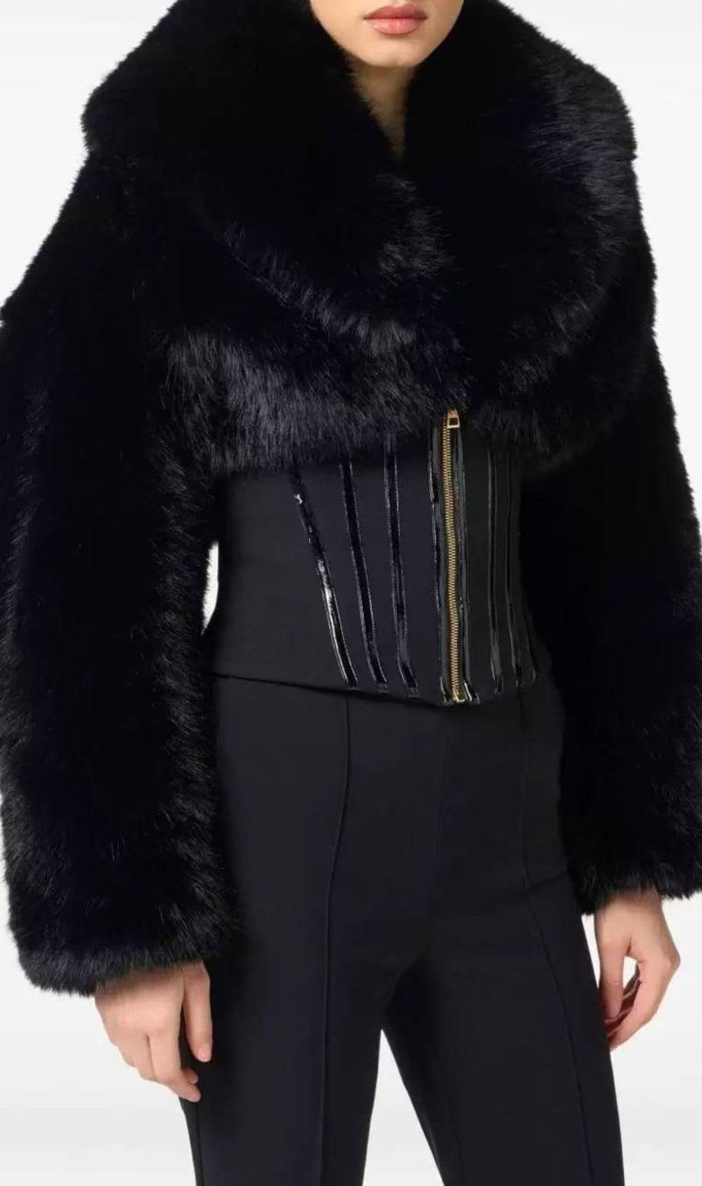 Iokina Black Faux Fur Corset Jacket | Luxe Statement Outerwear for Women