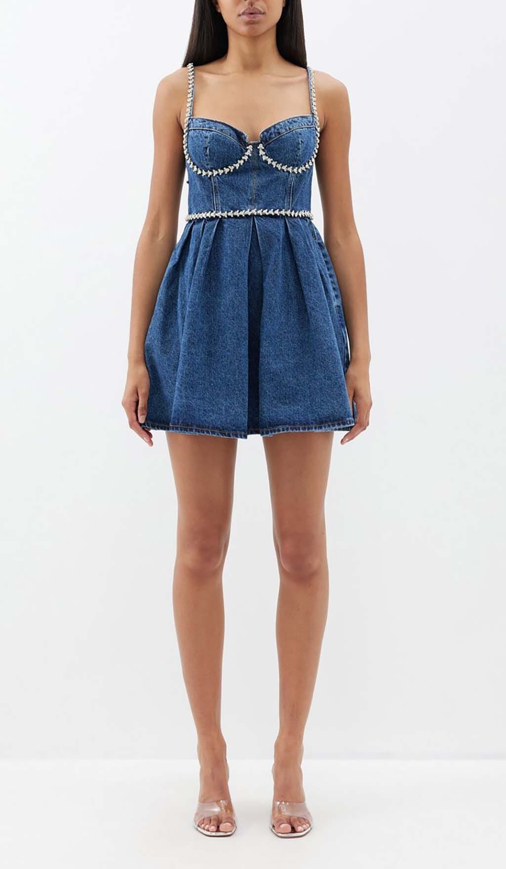 Crystal-Embellished Denim Mini Dress In Blue