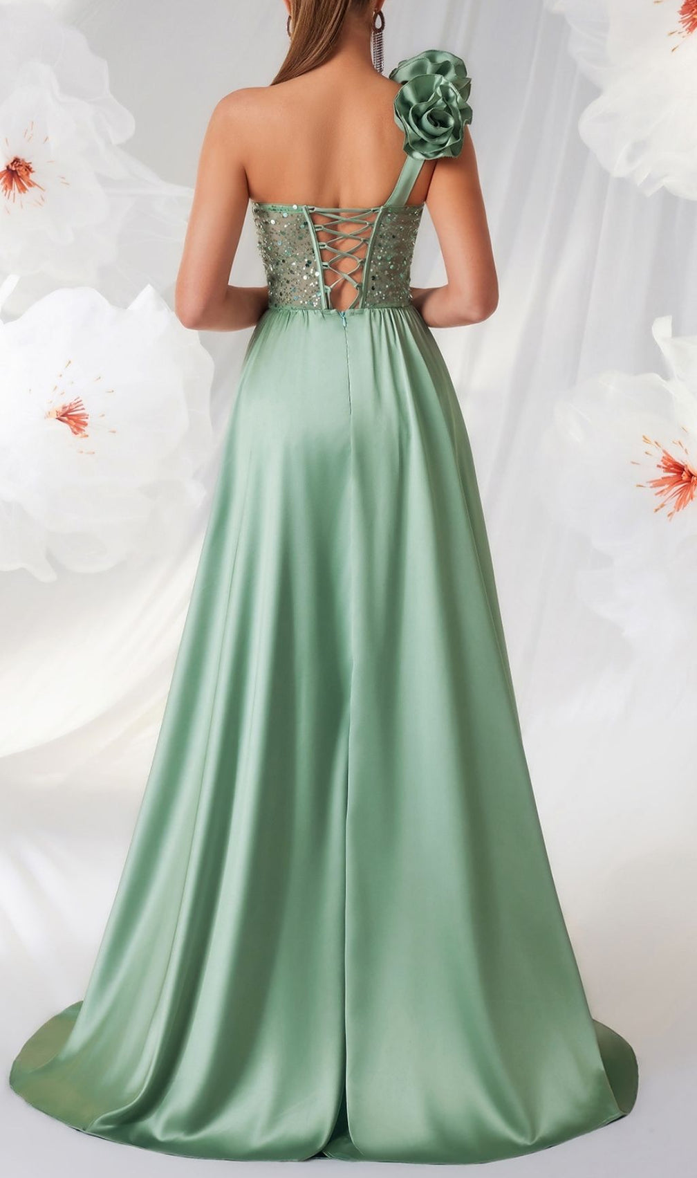 Stunning Kendi Green One-Shoulder Corset Sequin Maxi Gown