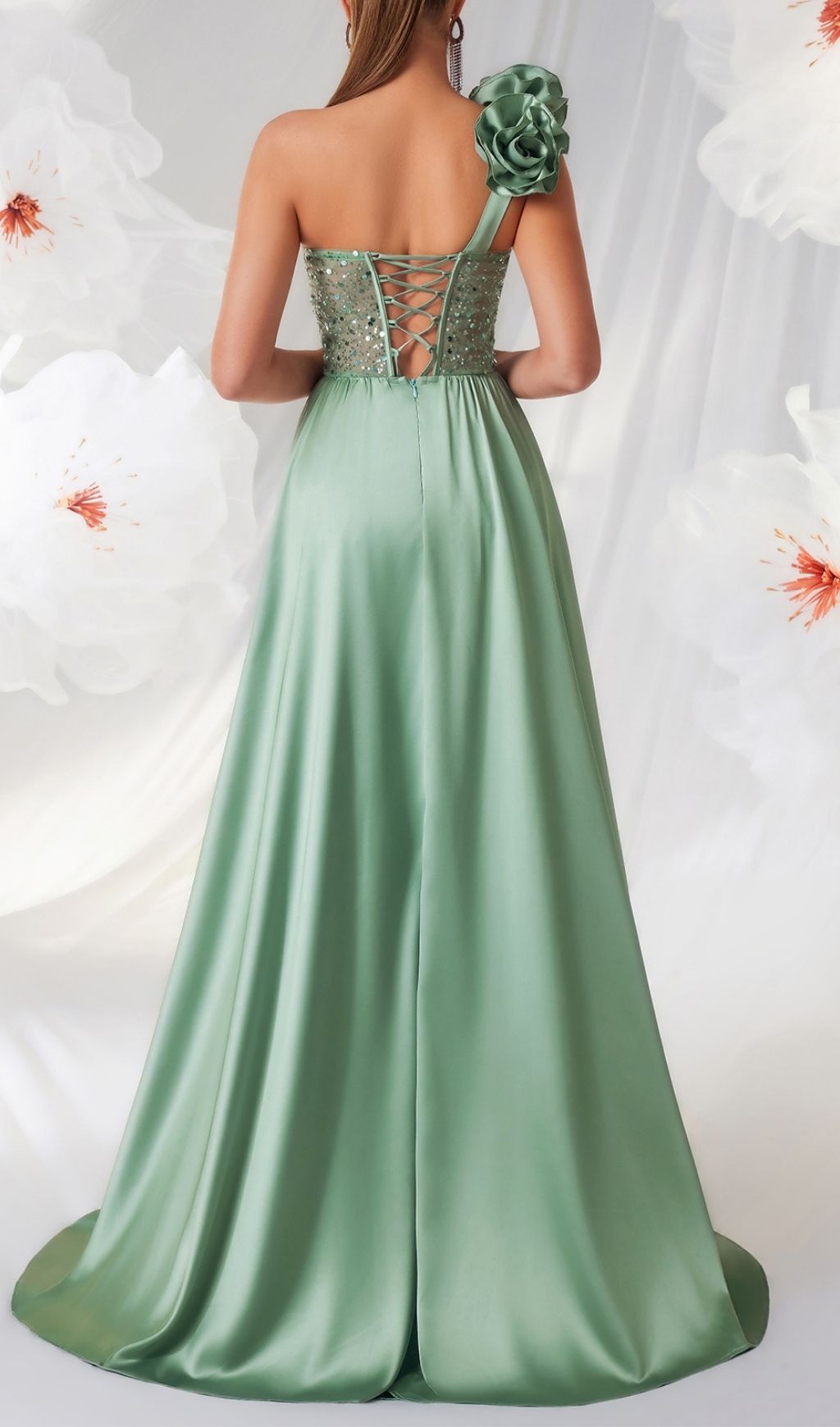 Stunning Kendi Green One-Shoulder Corset Sequin Maxi Gown