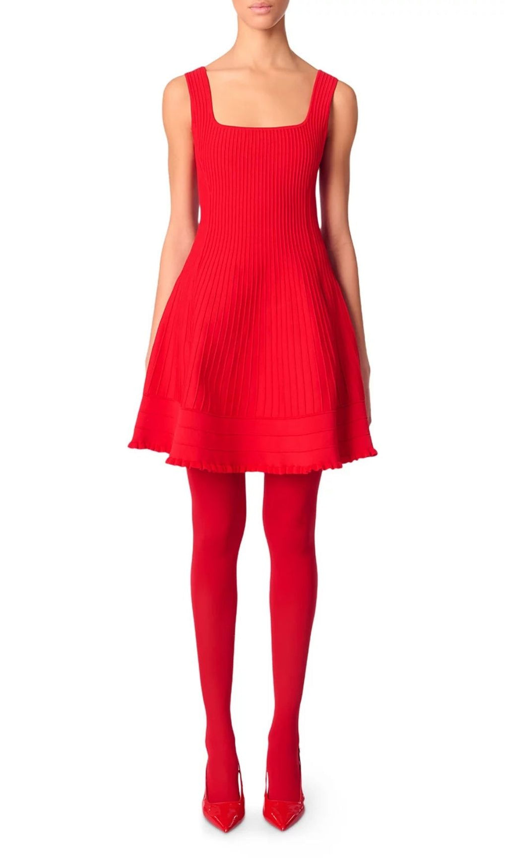 Vibrant Red Rib-Knit Fit & Flare Mini Dress | Chic Square Neck Sleeveless
