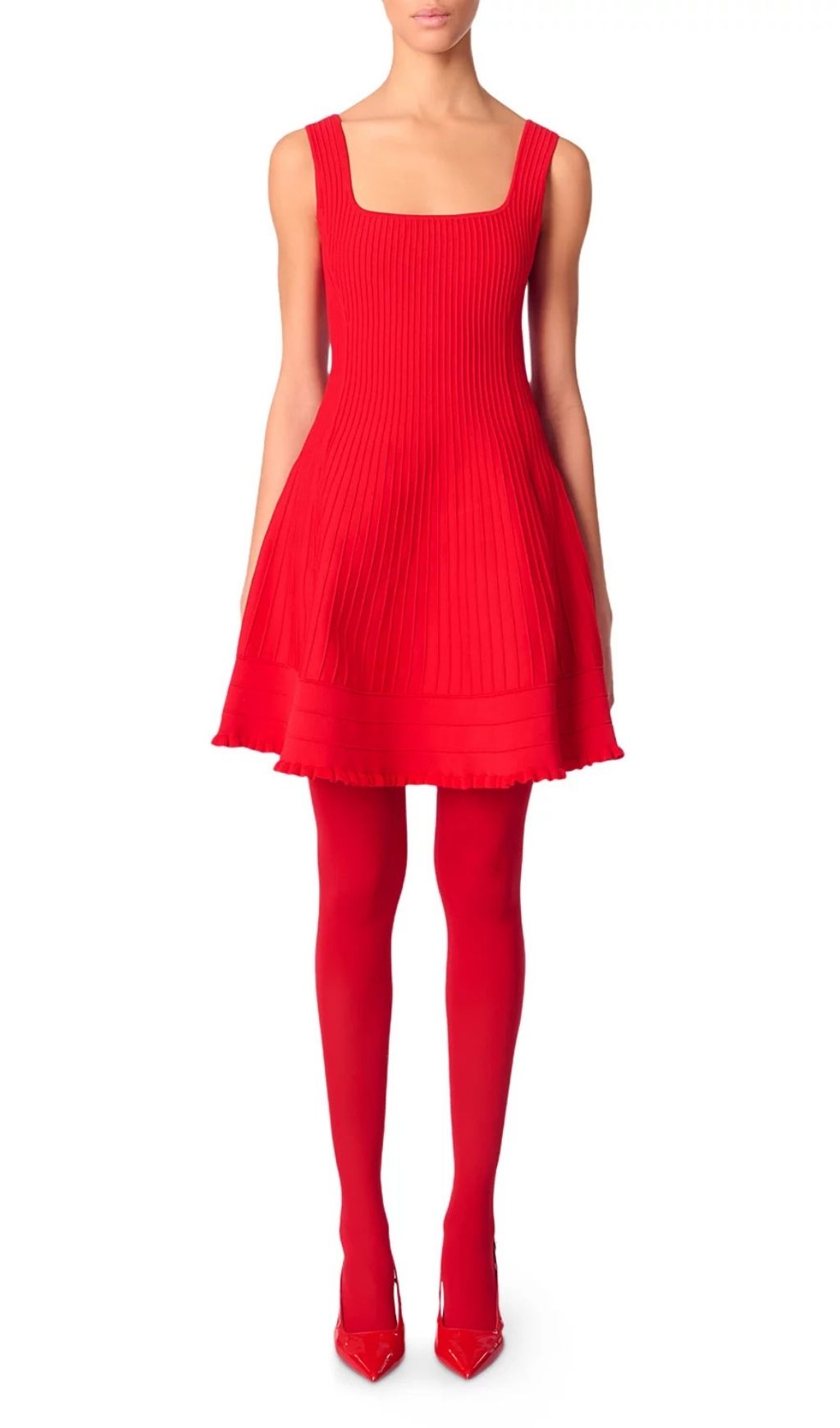 Vibrant Red Rib-Knit Fit & Flare Mini Dress | Chic Square Neck Sleeveless