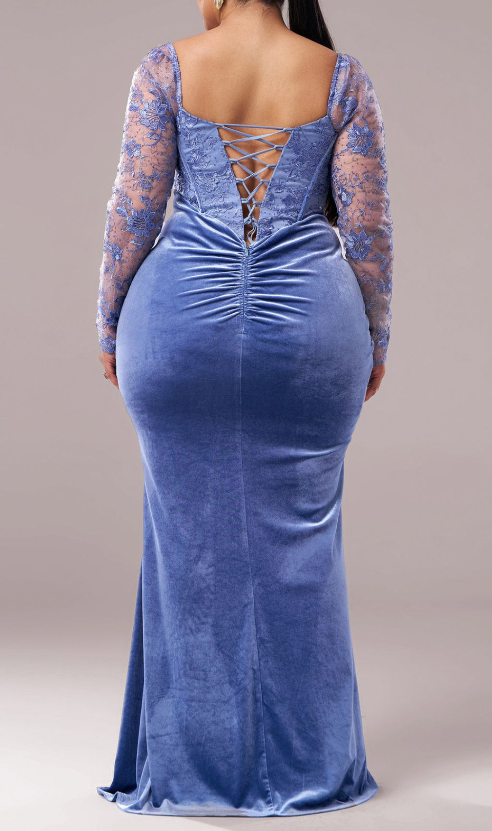 Jaan Periwinkle Blue Velvet & Lace Plus Size Long Sleeve Maxi Gown
