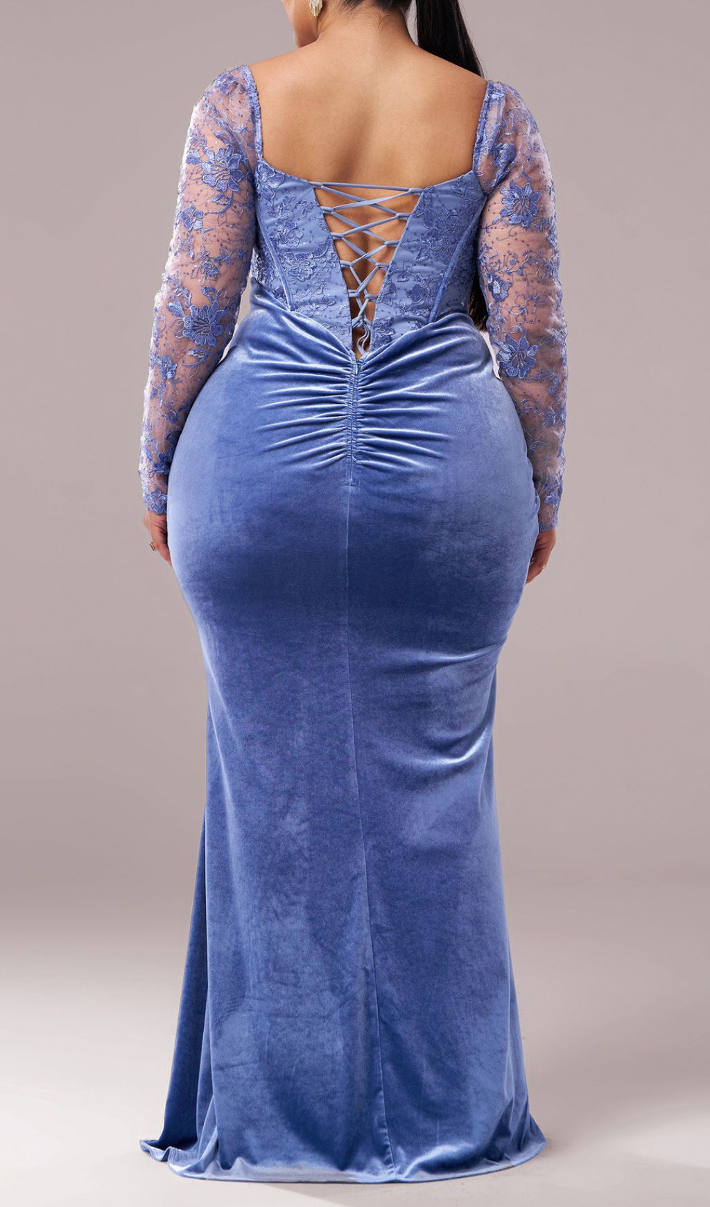 Jaan Periwinkle Blue Velvet & Lace Plus Size Long Sleeve Maxi Gown