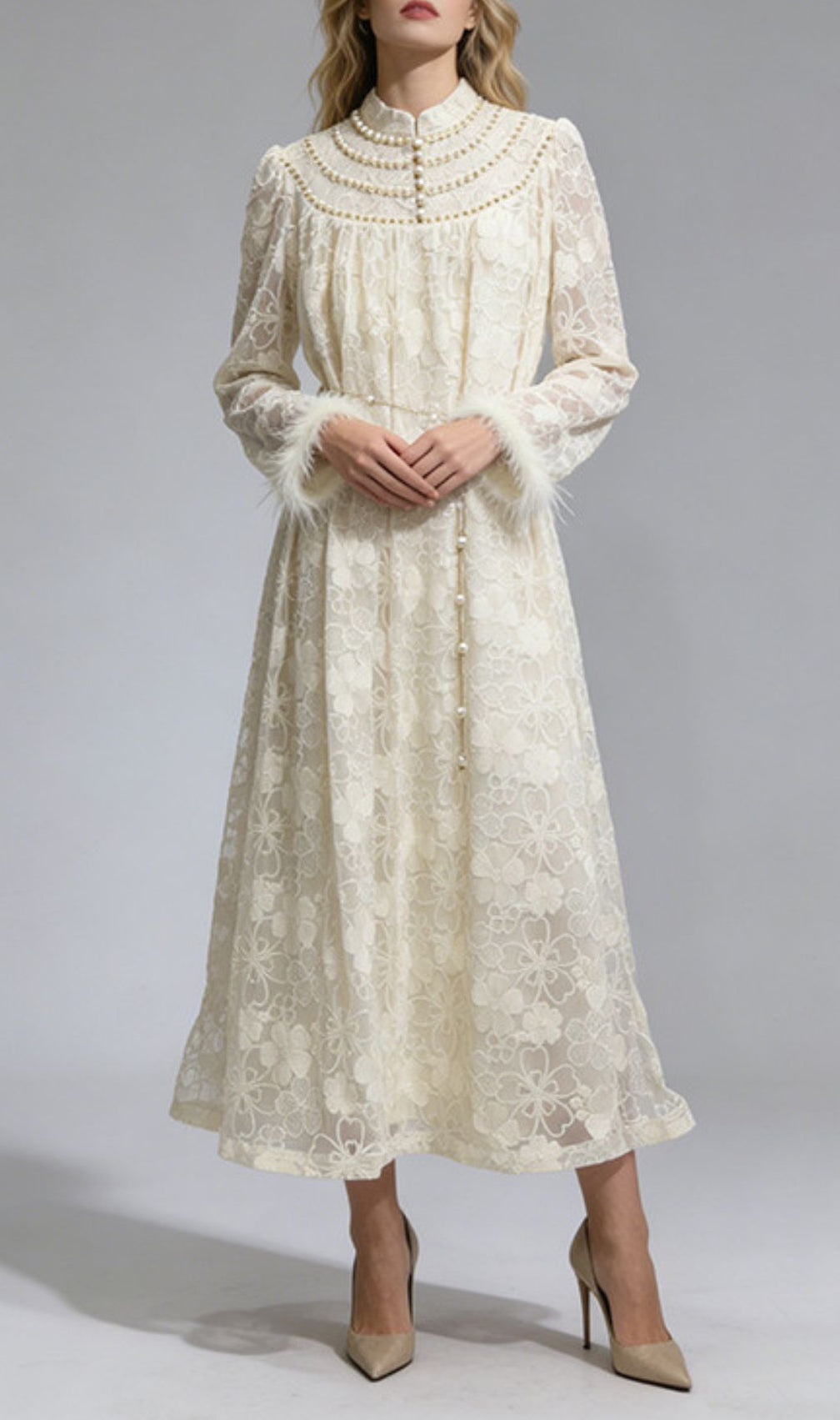 Jenner Floral Lace Midi Dress - Elegant Long Sleeve with Feather Cuffs