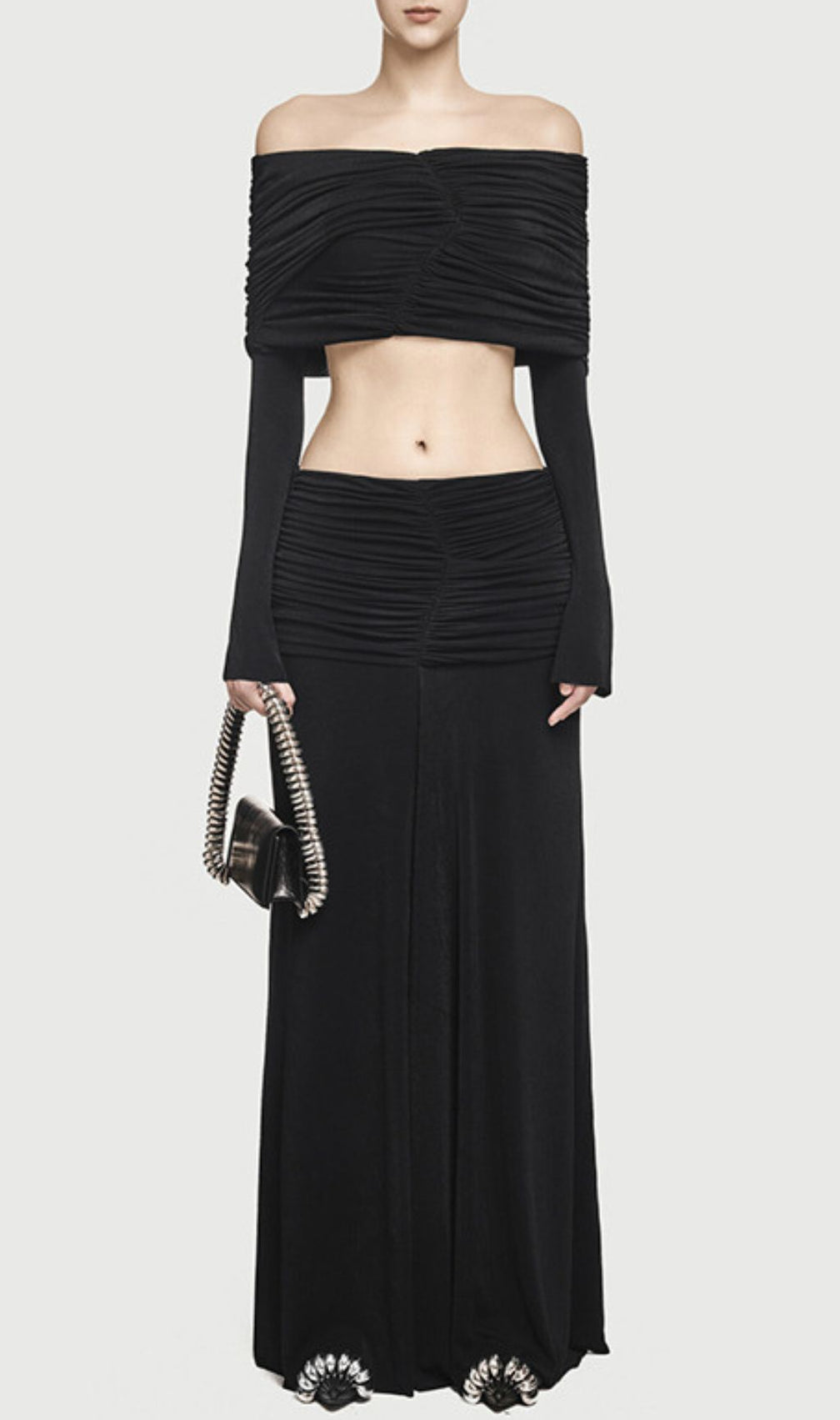 Jamuna Elegant Ruched Two-Piece Maxi Skirt Set - Off-Shoulder Crop Top