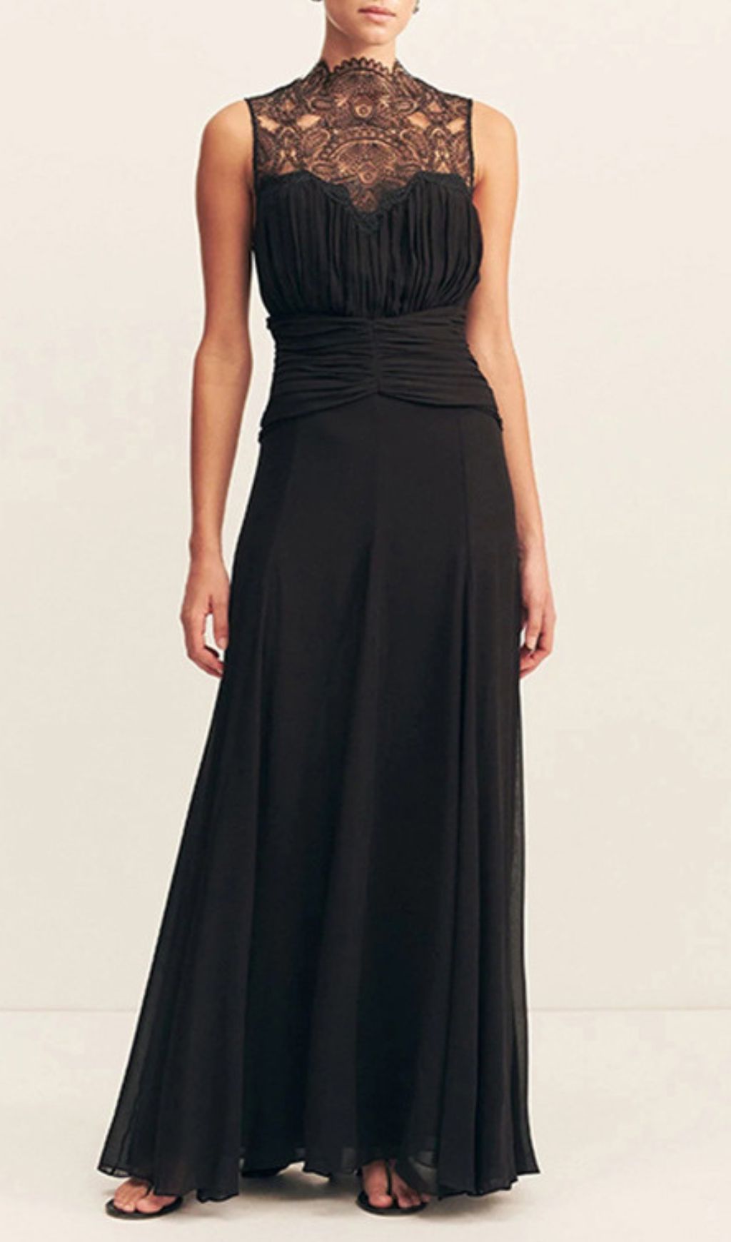 Iona Elegant Black Lace Ruched Sleeveless Maxi Gown