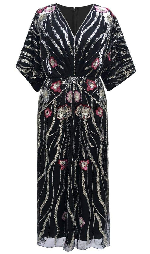 Doreen Black Floral Sequin Maxi Dress - Elegant Evening & Gala Gown