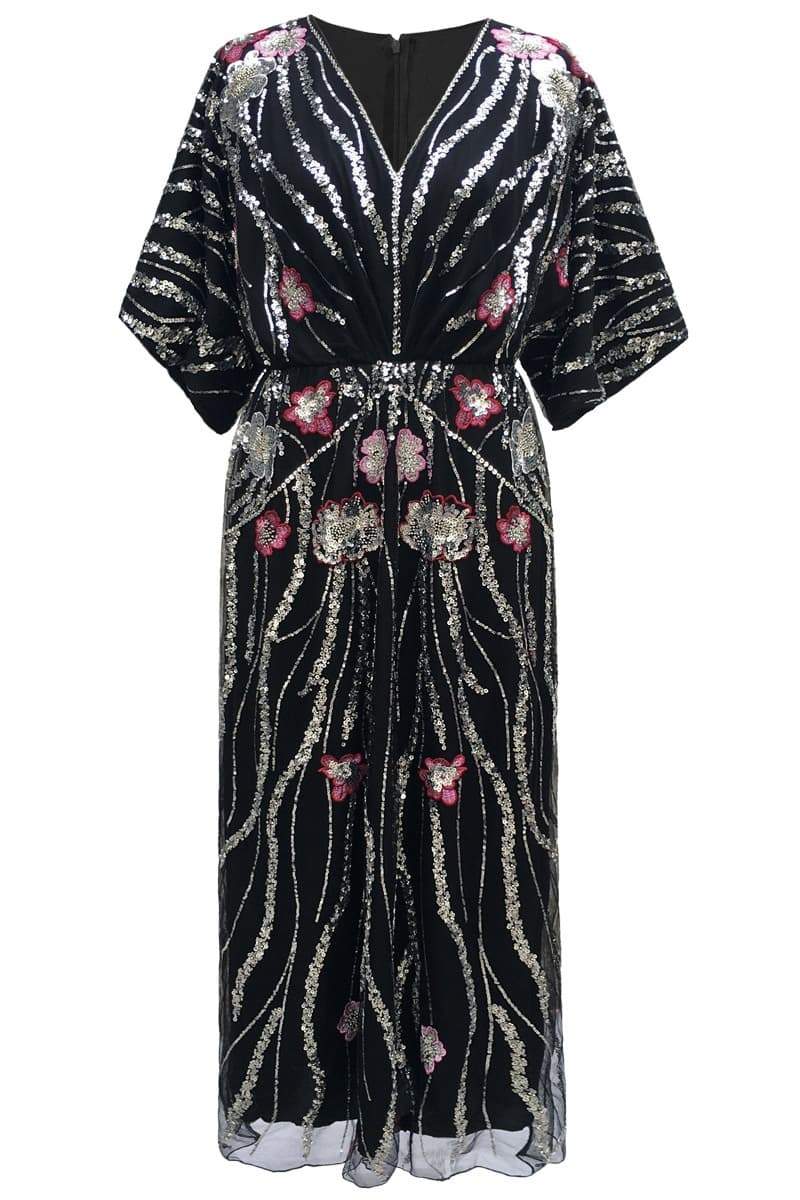 Doreen Black Floral Sequin Maxi Dress - Elegant Evening & Gala Gown