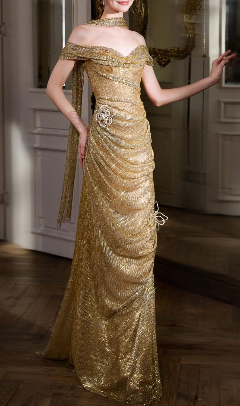 Krystina Gold Off-Shoulder Flower Maxi Dress